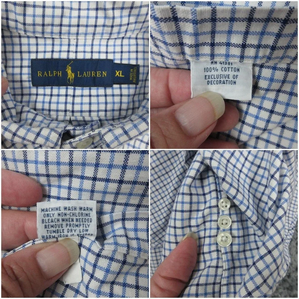 Ralph Lauren Shirt Mens XL Blue White Check Button Down Long Sleeve 100% Cotton